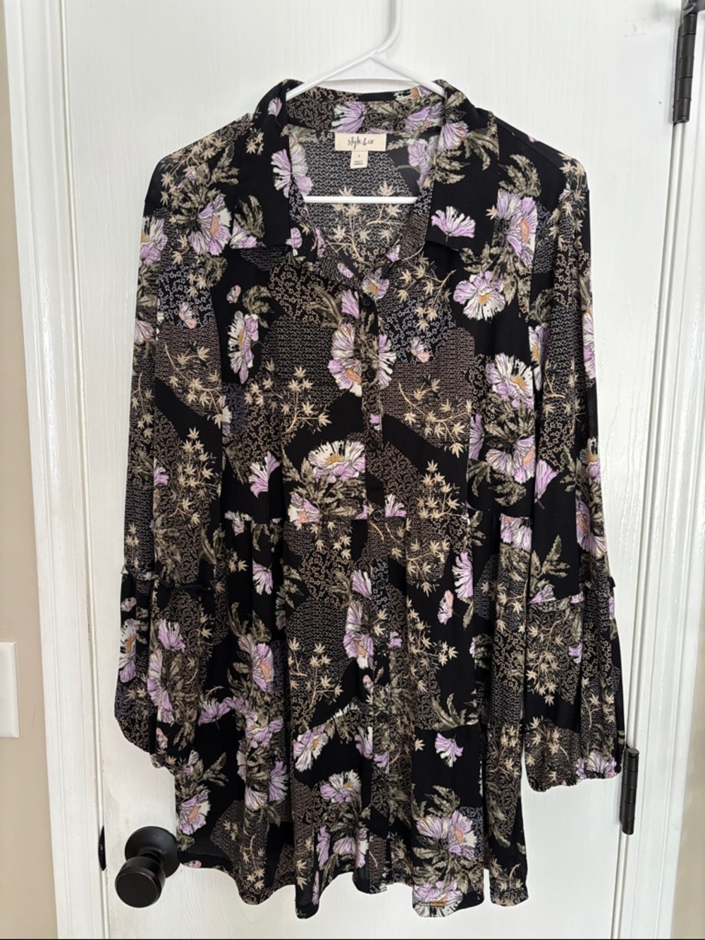 Style & Co. Black Floral Button-Front Tunic with Lilac and Beige Blooms